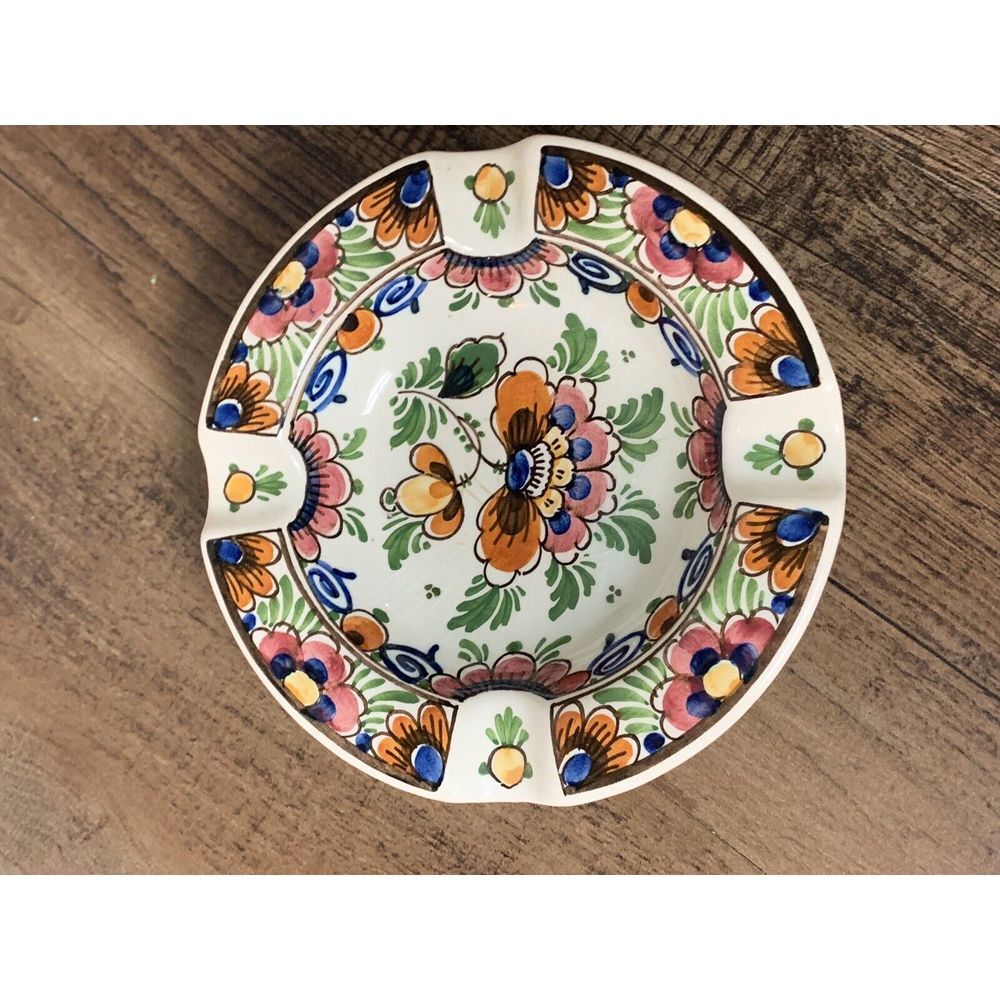 Vintage DP DELFT Art Pottery Floral Ash Tray Trinket Tray Signed